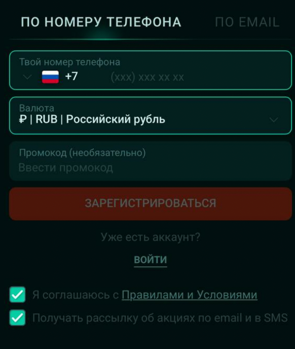 Форма регистрации в Pinco casino